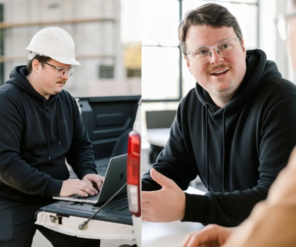 Corey talking to someone in an office setting